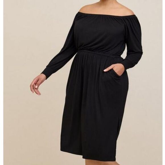 Torrid Women's Midi Supersoft Slit Dress Deep Black off shoulder Size 3X NWT$76 - Picture 2 of 9